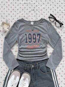 少女灰色字母印花圆领长袖T恤 - 灰色 - 查看 2