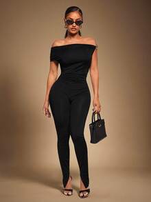 Radiana 女士性感休闲简约时尚黑色不对称领口紧身连体裤，休闲连体裤，休闲服饰，高弹针织面料，修身剪裁凸显身材 - 黑色 - 查看 4