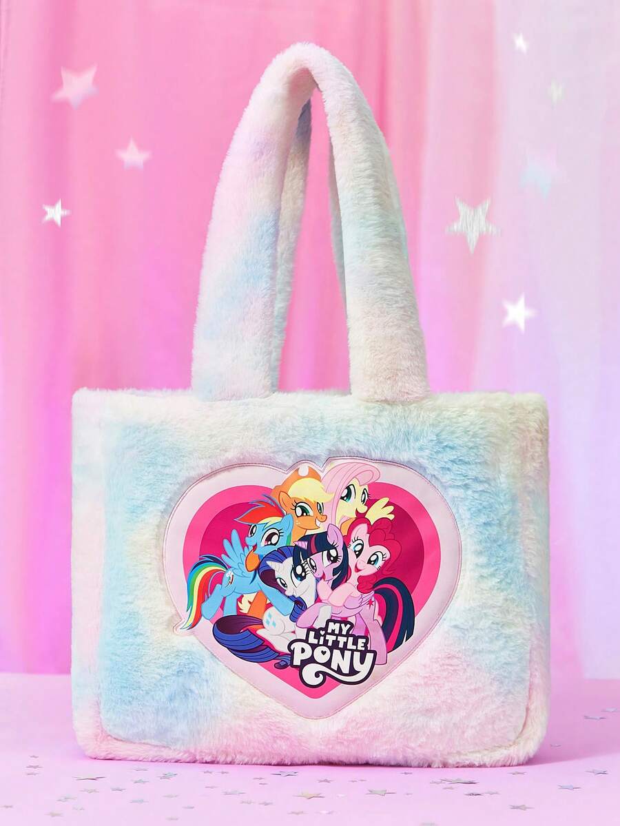 My Little Pony X SHEIN 1個可愛卡通角色紮染印花絨毛大容量便攜托特包,可肩背,可裝筆記型電腦,適合上學、通勤、休閒使用,適合女性、學生,暮光閃閃、彩虹衝刺、粉紅派、粉紅派、蘋果傑克、柔柔、友誼、禮物靈感 - 彩色 - 查看 1