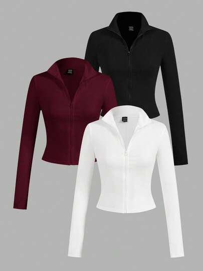 SHEIN EZwear 3 pièces/set T-shirts à manches longues zippés en tricot minimalistes décontractés blanc, noir, rouge vin pour femmes, convenant pour le printemps et l'automne
