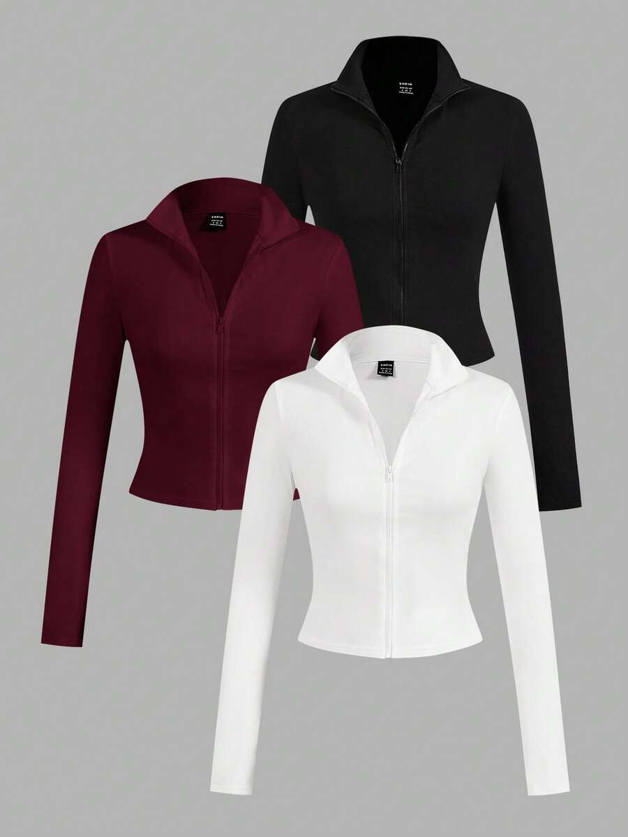 SHEIN EZwear 3件套休闲简约白色、黑色、酒红色针织拉链长袖T恤，女士款，适合春秋季穿着