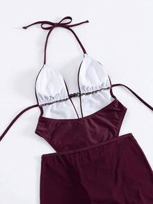 Costavie Swim Vcay 2026 女士优雅酒红色网纱挂脖深V连体泳衣，搭配透视褶皱迷你罩裙，塑形收腹泳装套装，适合夏季海滩度假穿着，休闲优雅的深V领镂空连体泳衣，饰有金属环细节，适合泳池派对假日装扮 | 酒红色性感网纱连体泳衣，女士度假必备 - 中紫紅色 - 查看 2