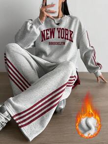 Aidyla 2 件套撞色条纹羊毛连帽衫，时尚街头风格 - 灰色 - 查看 3