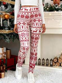 SHEIN LUNE 女士撞色驯鹿印花圣诞风休闲修身打底裤 - 紅白色 - 查看 6