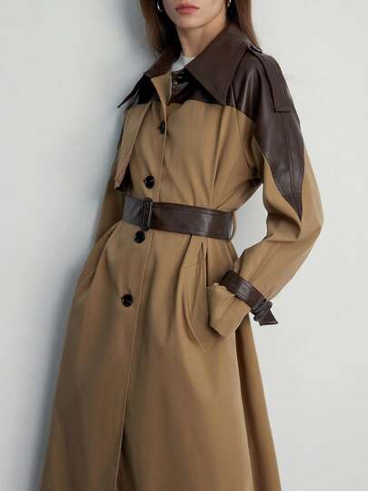 Aveloria Modichic Retro French Style Contrast Color Patchwork Collar Casual Belted Mid-Length Trench Coat