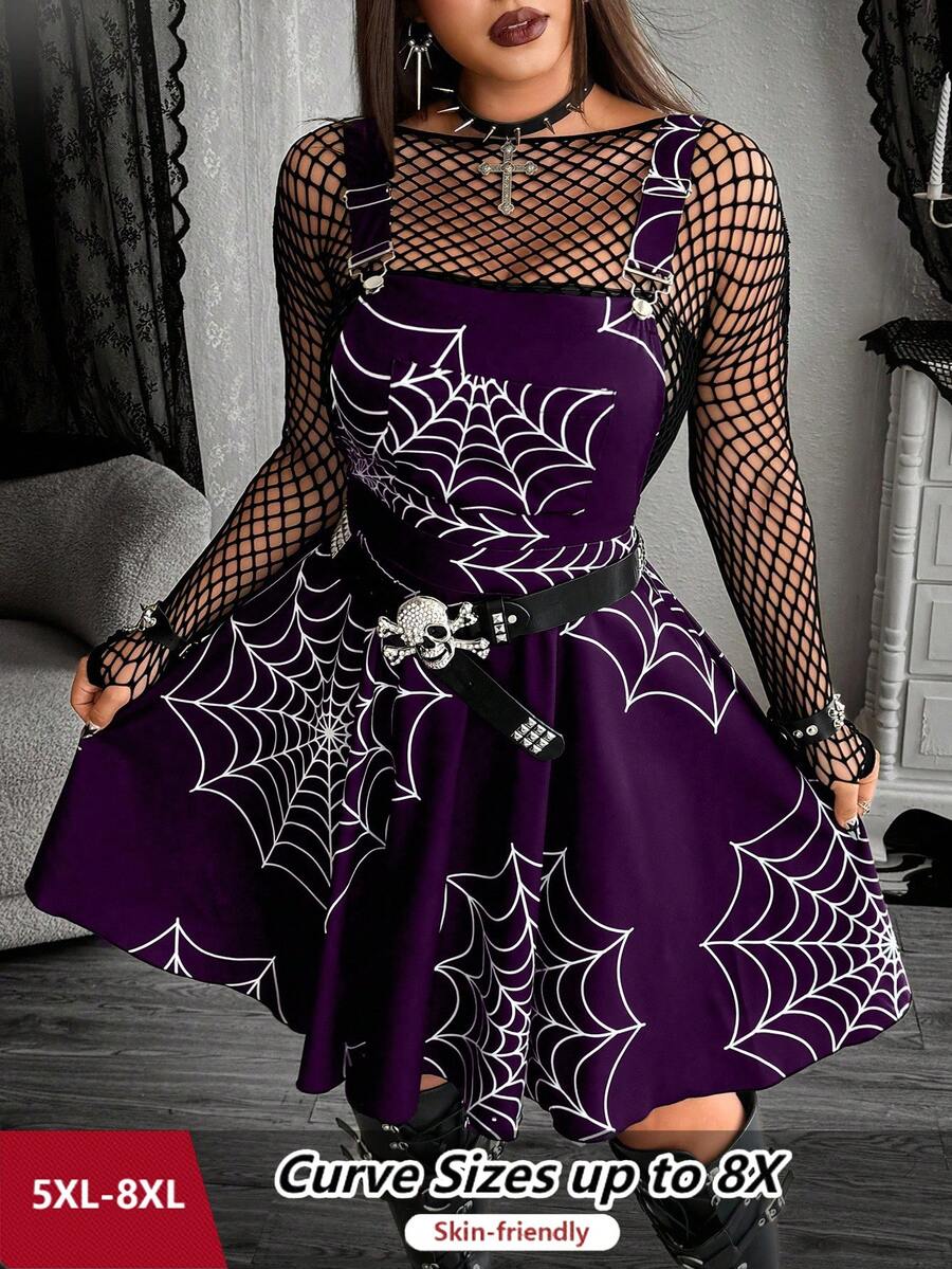 SHEIN CURVE+ 新款时尚简约百搭暗黑亚文化哥特风交叉绑带迷你吊带裙，适合万圣节装扮 - 紫色 - 查看 1