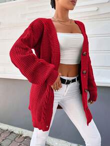 EURMUSE 1 件女式纯色长袖单排扣长款休闲开衫，秋冬 - 紅色 - 查看 5