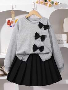 Sparklyn 2件套：蝴蝶结点缀卡其色长袖运动衫和黑色百褶迷你裙 - 彩色 - 查看 3