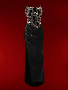 SHEIN Unity Women's Beaded Satin Midi Dress - Black - View 8