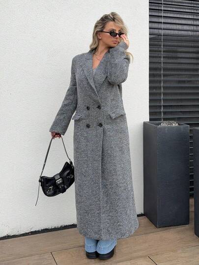 Jeta Ari Women's Herringbone Pattern Lapel Collar Long Sleeve Long Overcoat, Autumn/Winter