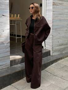 Livesso 女士高领收腰宽松上衣和休闲裤两件套，秋冬女士家居服套装 - 棕色 - 查看 4