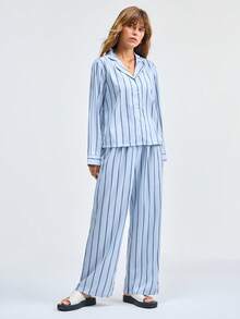 Loungeista 两件套女士宽松舒适透气条纹长袖睡衣套装 - 灰色 - 查看 3