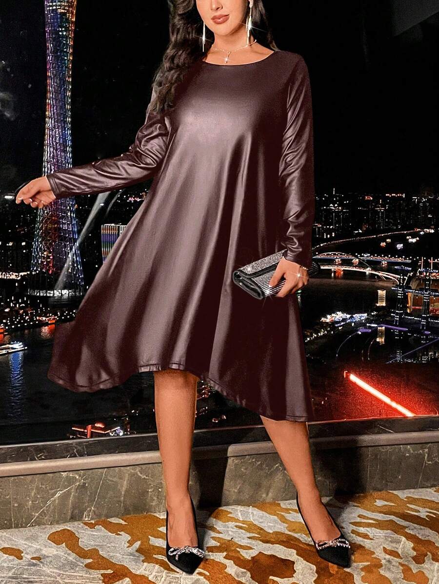 Plus Size Women Casual Solid Color Long Sleeve Dress