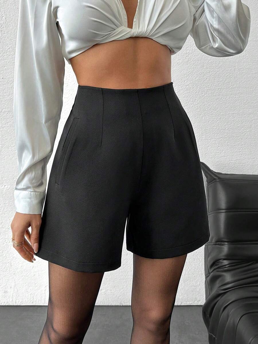 Islaluna Women's Solid Color High Waist Pockets Wide Leg Loose Casual Shorts