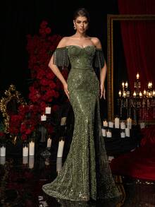 Glamrae 优雅奢华露肩闪亮珠绣心形领口流苏亮片装饰修身开衩下摆正式礼服，网纱正式连衣裙 - 綠色 - 查看 4