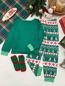 2pcs/Set Christmas Santa Claus Print Round Neck Long Sleeve T-Shirt + Pants Pajama Set, Girls Casual Loungewear Or Sleepwear For Autumn/Winter Christmas Pajamas For Girl And Boy Santa Pajamas Christmas Clothes Kids Kids Christmas Pajamas