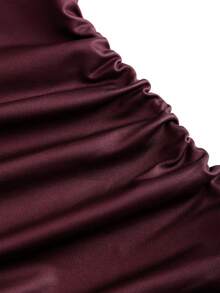 Sweetra New Fashion Wine Red Coated Elastic Fabric Off Shoulder Ruched Waist Slim Fit Mini Dress, High Neck Ruffle Detail, Suitable For Club Party, Cocktail, Commute, Daily Wear In Autumn/Winter - Burgundy - View 6