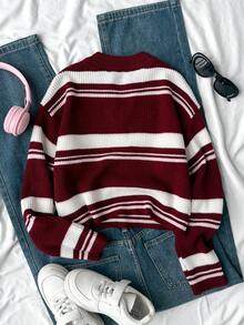 SHEIN 少女V领条纹针织套头毛衣，休闲撞色款 - 酒紅色 - 查看 2