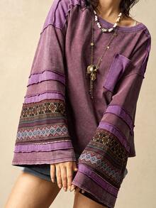 Bohemela 休闲针织拼接圆领长袖宽松女式T恤 - 彩色 - 查看 7