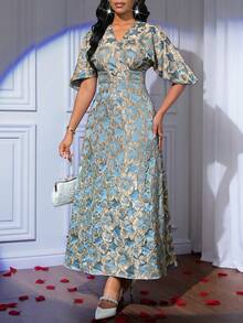 SHEIN Lady 女士优雅派对提花连衣裙 - 藍色 - 查看 7