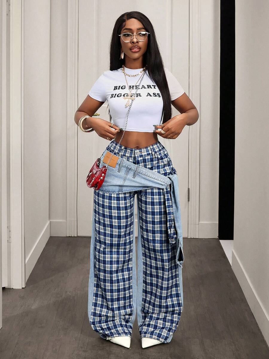 Slaydiva Women's High Waist Side Knot Plaid Wide Leg Loose Casual Jeans