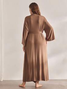 Ocili Leisure Soft & Simple Long Sleeve Plus Size Robe, Chic Autumn Easy Comfort Autumn Slumber, Cozy Outfit, Fall & Winter - Brown - View 3