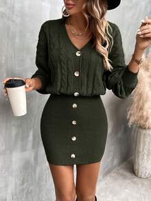 SHEIN Clasi Women's Fashion Drop Shoulder Long Sleeve Button Design Knitted Dress, Autumn/Winter - Army Green - View 3