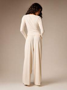 AiiRZ 女式罗纹纽扣前开衫套装，配有抽绳阔腿裤，适合休闲家居服 - 杏色 - 查看 2