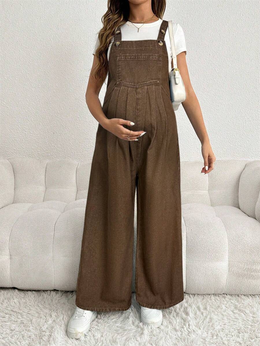 SHEIN Quần yếm denim ống rộng dài, dáng rộng có dây đeo có thể điều chỉnh dành cho bà bầu, màu xanh lam - màu nâu - Xem 1