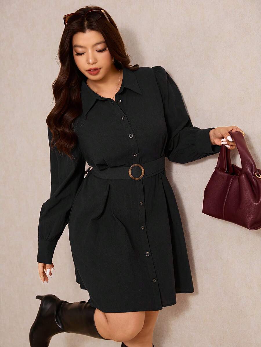 Elaquor Plus Size All-Match Black Shirt Dress For Women, Detachable Belt, Versatile For All Seasons - Black - View 1