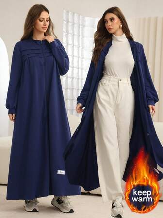 Mulvari Women's Pleated Stand Collar Zip-Up Long Sleeve Flared Knit Dress, Autumn/Winter