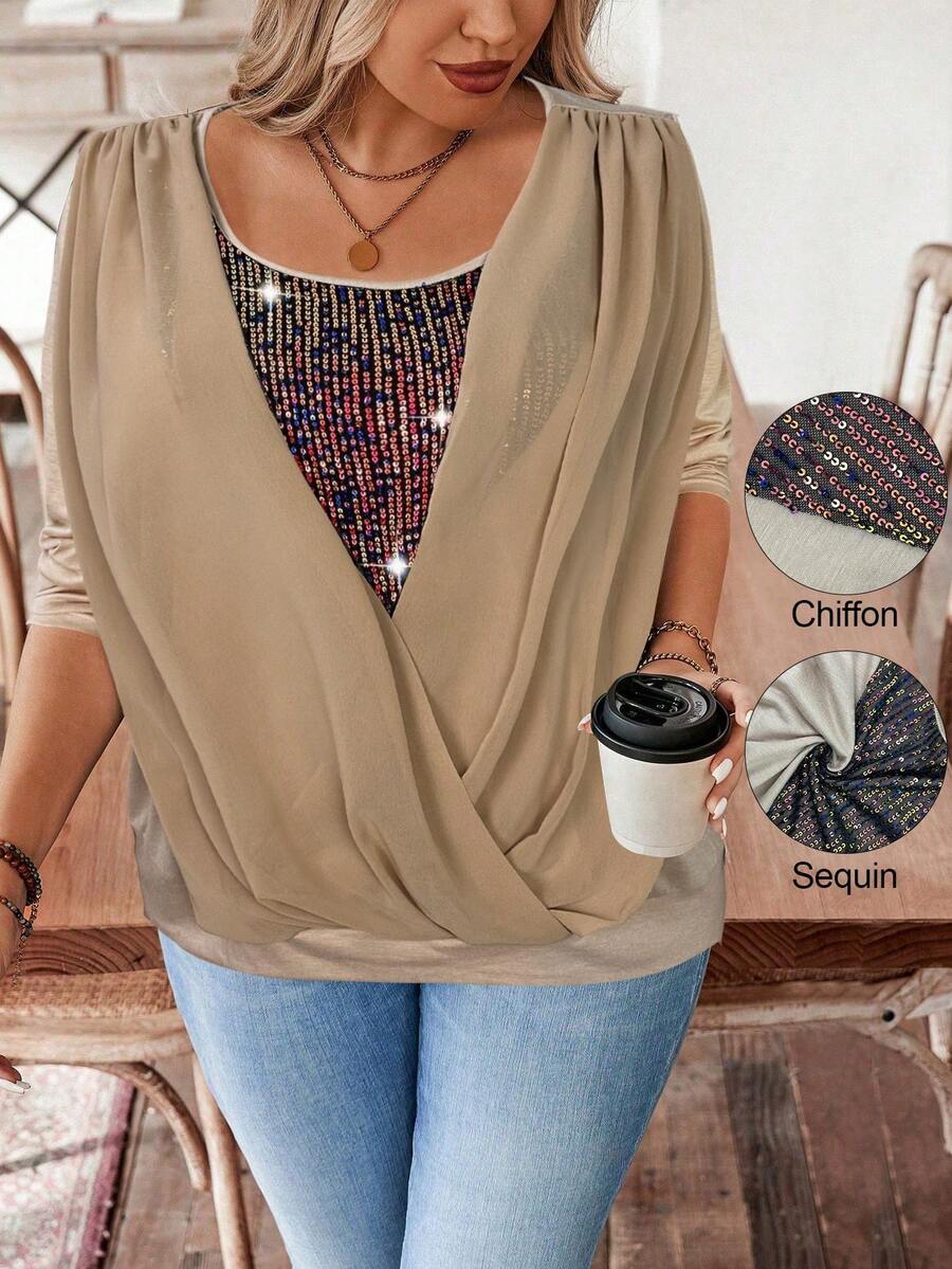 EMERY ROSE Áo thun quấn sequin chắp vá cỡ lớn dành cho nữ - Màu Khaki - Xem 1