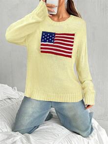 SHEIN EZwear 女士休闲国旗图案针织套头衫（米黄色），秋冬季国旗服饰，短款毛衣，美国国旗上衣，7月4日露脐上衣 - 淡黃色 - 查看 5