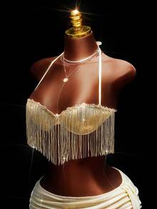 Amplova Sequin Tassel Crop Top & Ruffle Asymmetric Hem Mini Skirt 2 Pieces Set, Sexy Party Outfit - Gold - View 6