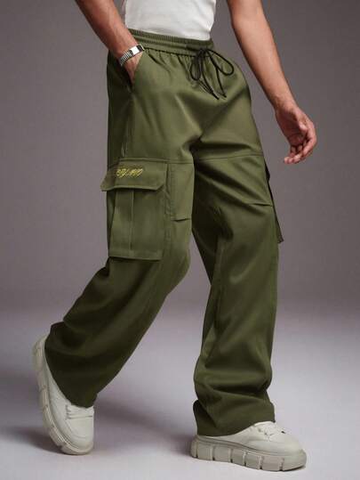 STYNVO Men's Casual Versatile Letter Embroidered Solid Color Cargo Pants Baggy Cargo Pants Men Cargo Pants Utility Pants Manfinity Men Cargo Pants