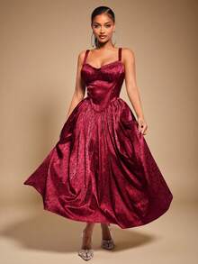 Radiana 女士优雅勃艮第长裙，复古浪漫宫廷风格提花缎面公主礼服，适合情人节、约会、派对、生日、婚礼、宴会、鸡尾酒会、花园茶会、毕业典礼、正式场合、圣诞节、新年前夜、节日穿着 - 酒紅色 - 查看 4