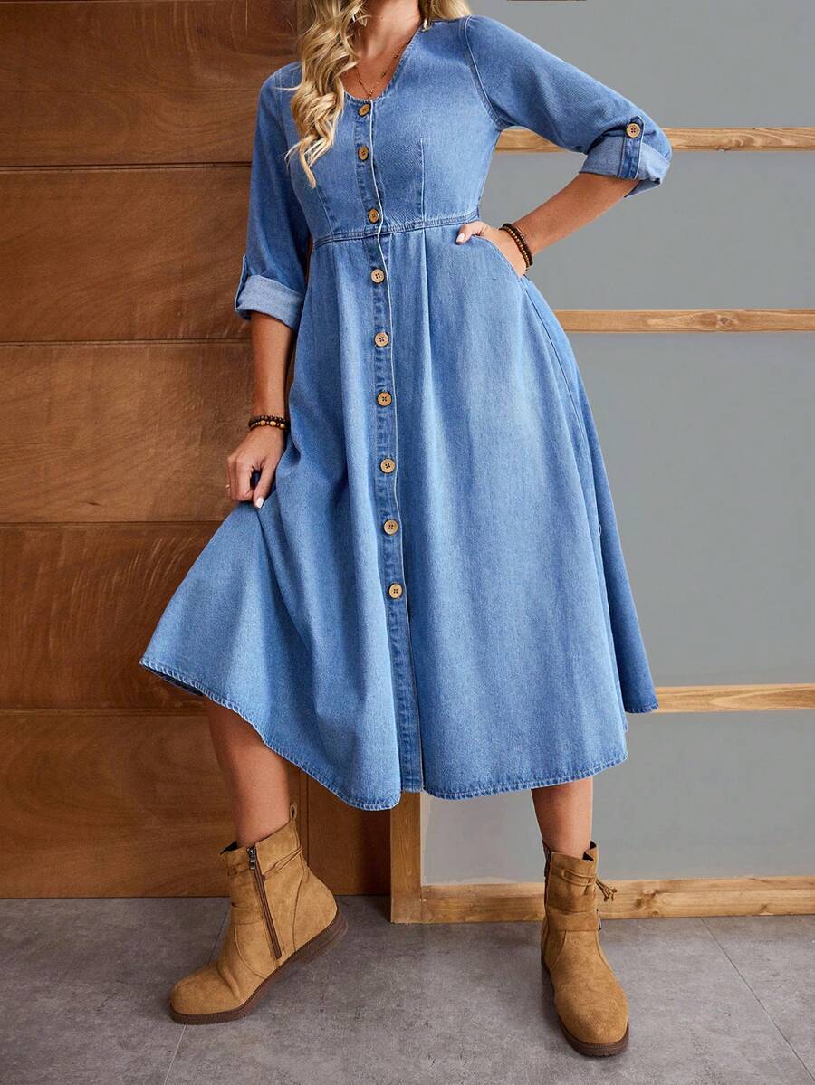 EMERY ROSE Women's V-Neck Ruffle Sleeve Single-Breasted Pocket Casual Denim Dress