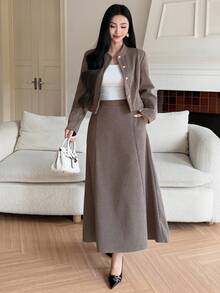 DAZY Women's Houndstooth Stand Collar Cardigan And Long Skirt 2 Pieces Casual Set - Khaki - View 5