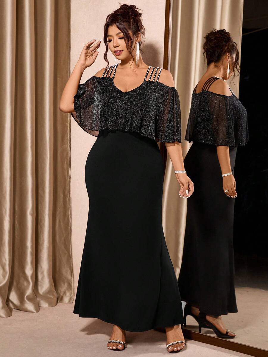 Cravure Đầm trễ vai đính ngọc trai cỡ lớn cho nữ, thanh lịch, giản dị cho tiệc tùng, nghỉ dưỡng, lãng mạn - màu đen - Xem 1