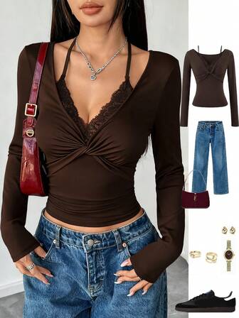 Almamuse Women's Brown Twist Lace V-Neck Long Sleeve Top, New Vintage Sexy Fitted Undershirt With Unique Neck Design