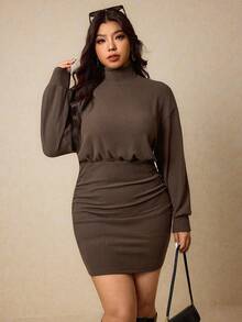 Elaquor Women's Plus Size High Neck Fitted Textured Fabric Top - Brown - View 4