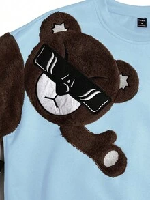 Manfinity Homme Loose Men's Cartoon Bear Pattern Drop Shoulder Round Neck Sweatshirt, Long Sleeve Top - Baby Blue - View 3