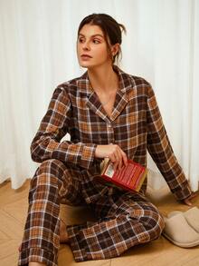 SHEIN Doze Lane 女士休闲宽松格子翻领长袖上衣和裤子睡衣套装，冬季服装 - 彩色 - 查看 3