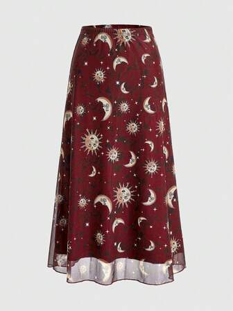 Hippie Jupe en tulle imprimée de lune, soleil, étoiles et constellation pour femmes