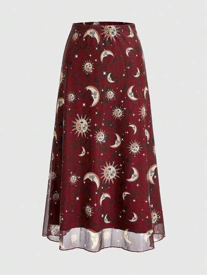 Hippie Jupe en tulle imprimée de lune, soleil, étoiles et constellation pour femmes