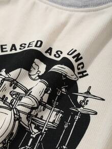 DAZY بلوزة قصيرة الأكمام بياقة طاقم وأكمام راجلان ذات لون متباين مطبوعة للفتيات المراهقات، صيفي