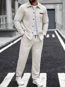 Manfinity Homme Plus-Size Apricot Corduroy Men's Business Suit, Featuring Collar And Pocket Details, Street-Style Men's Corduroy Two Pieces Coat & Pants Set Men Casual Suit 2 Pieces Leisure Suits Summer Suit For Men Beige Suit For Linen Suit, For Winter - Apricot - View 7
