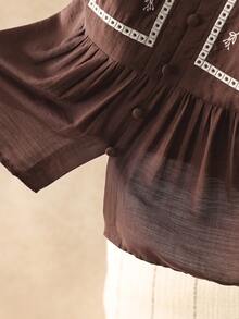 Elaquor Plus Size Women Floral Embroidery Notch Neck Long Sleeve Casual Blouse For Women Boho Chocolate Brown Top Modest Blouse Spring Women