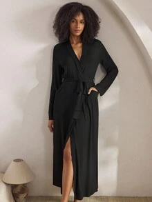 Ocili 舒适顺滑睡袍，加长款女士睡袍，时尚秋季睡袍，舒适长袖黑色睡袍，秋冬必备