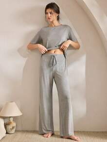 Ocili 舒适丝滑棉质短袖和长裤女士睡衣套装 - 淺灰色 - 查看 2